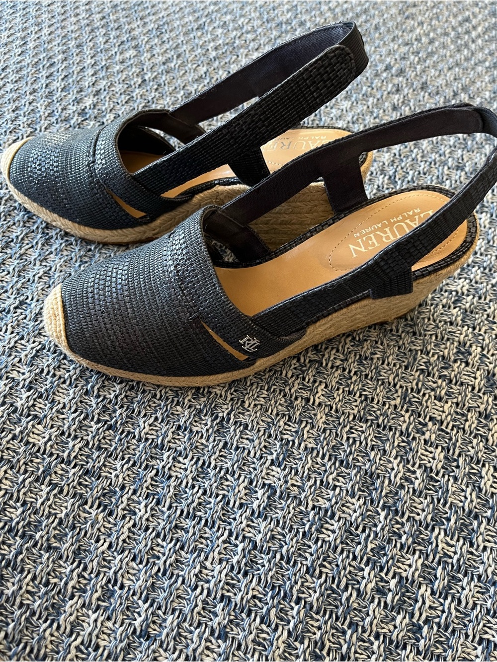 LAUREN Ralph Lauren Navy Woven Espadrille Slingback Flats with Natural Jute Toe - Picture 5 of 14